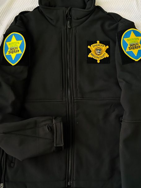 MARICOPA COUNTY SHERIFF'S OFFICE, MCSO SOFT SHELL JACKET WITH VELCRO PATCHES. LAW ENFORCEMENT RESTRICTED ITEM.